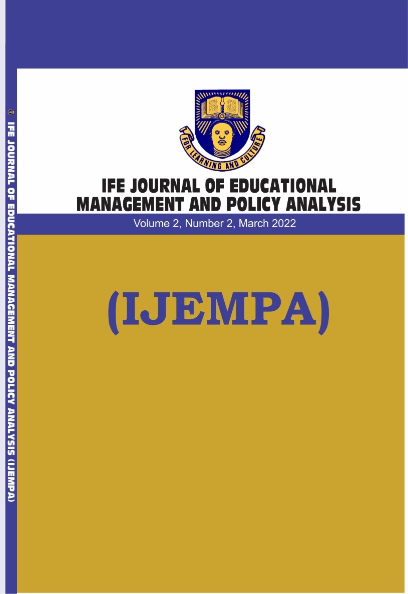 					View Vol. 2 No. 2 (2022): IFE JOURNAL OF EDUCATIONAL MANAGEMENT AND POLICY ANALYSIS (IJEMPA)
				